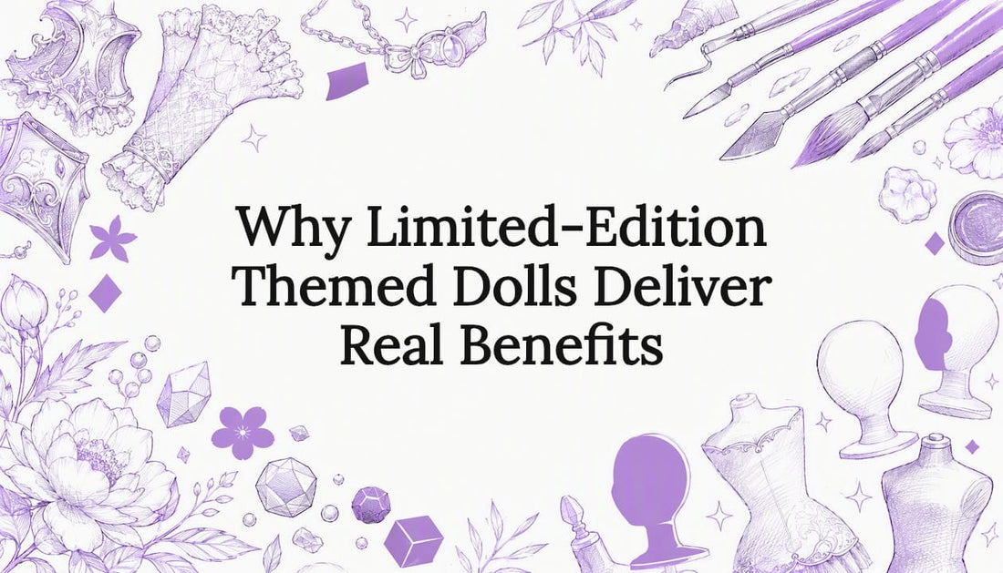 Decorative title card illustration with themed doll motifs