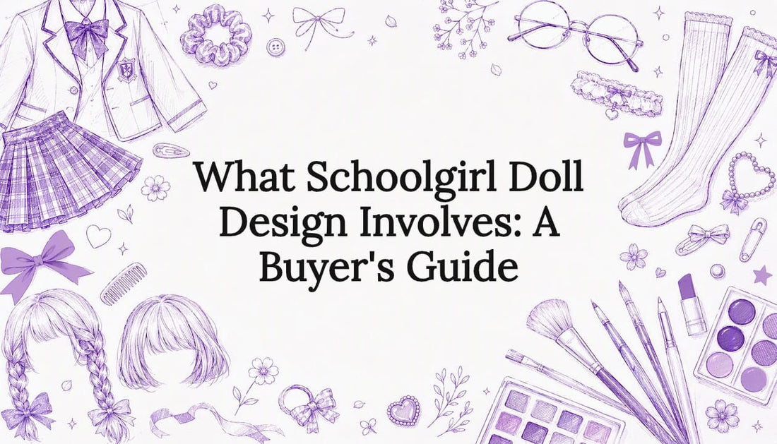 Decorative title card with schoolgirl doll elements