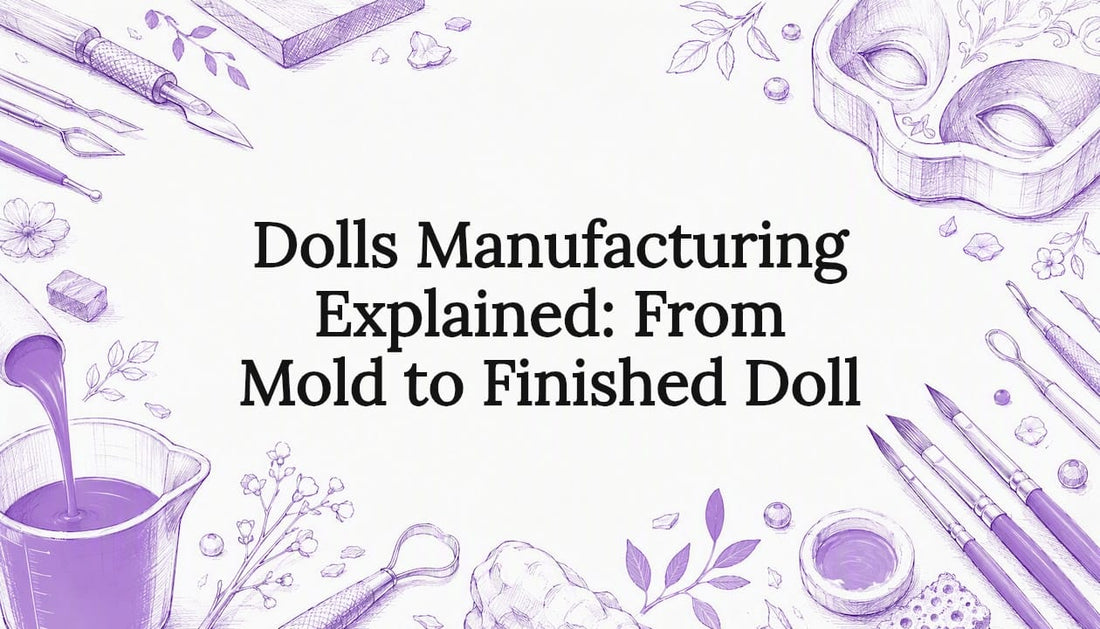 Decorative title card illustrating doll manufacturing