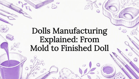 Decorative title card illustrating doll manufacturing