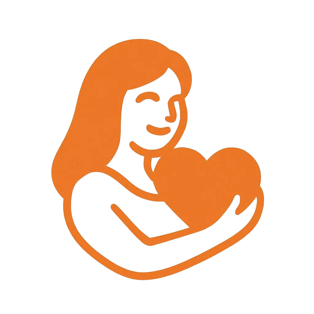Orange silhouette of a woman holding a heart on a white background