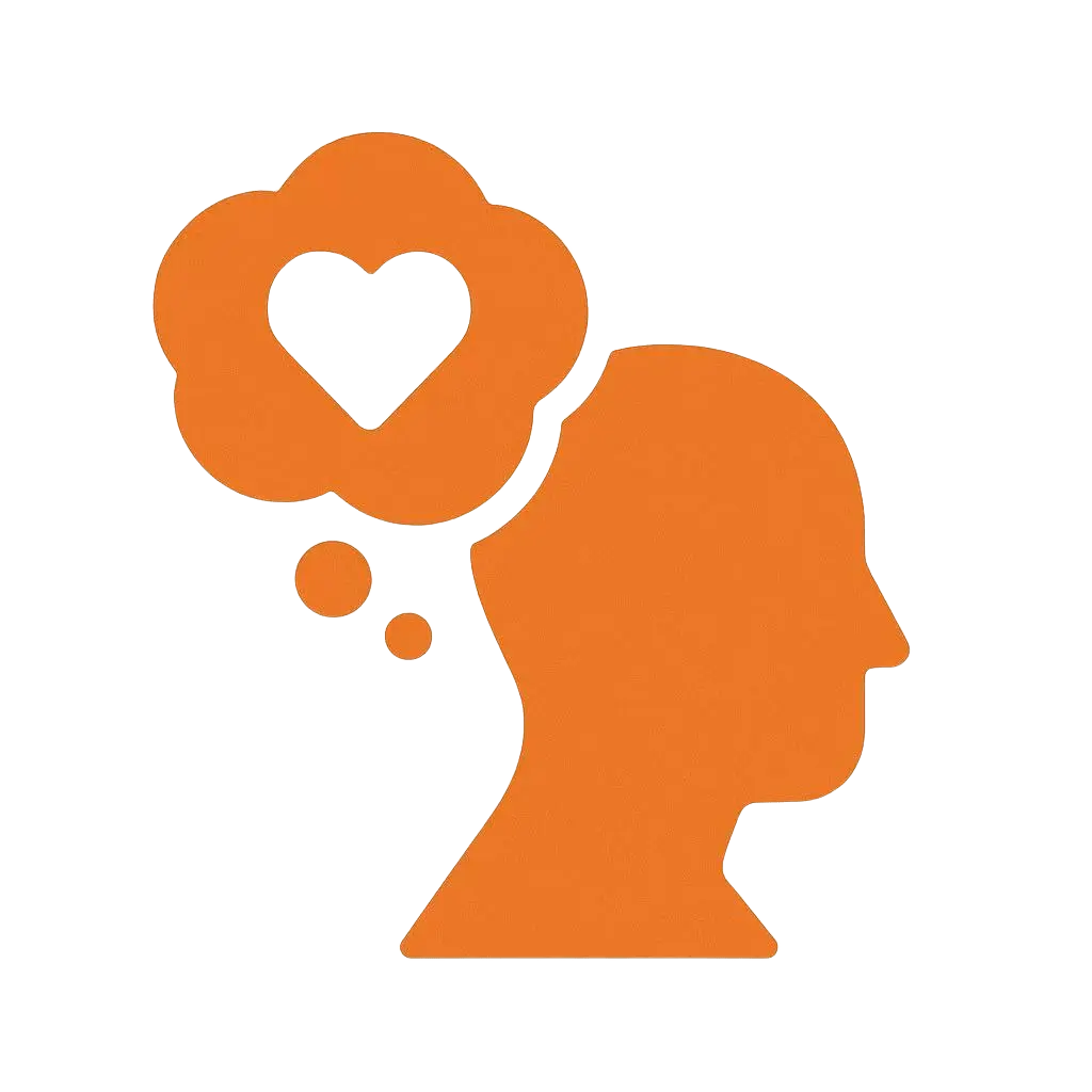 Orange silhouette of a head with a thought bubble containing a heart on a white background