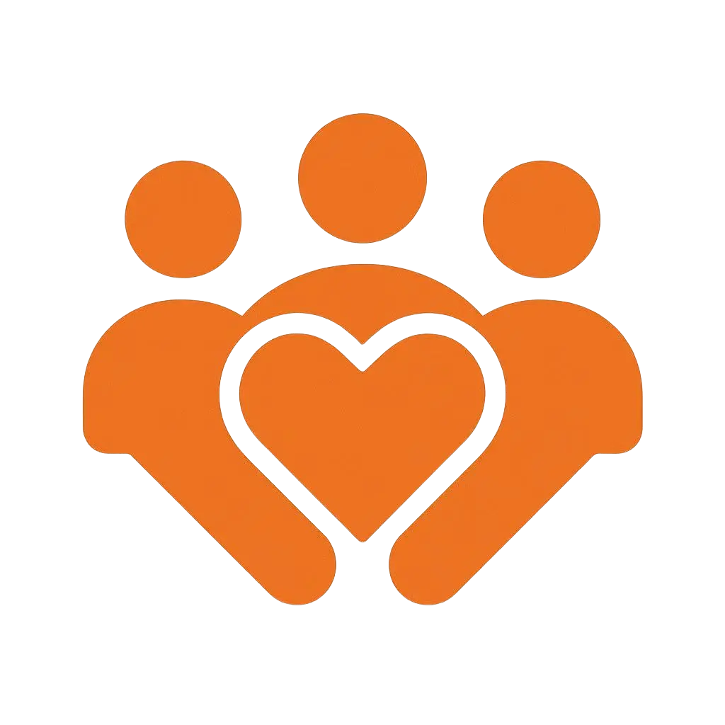 Orange icon of three people with a heart symbol on a white background