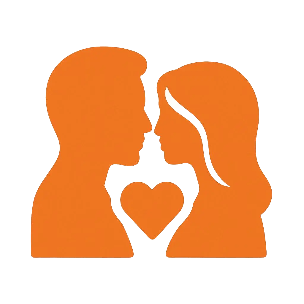 Silhouettes of a man and woman facing each other with a heart between them on a white background.